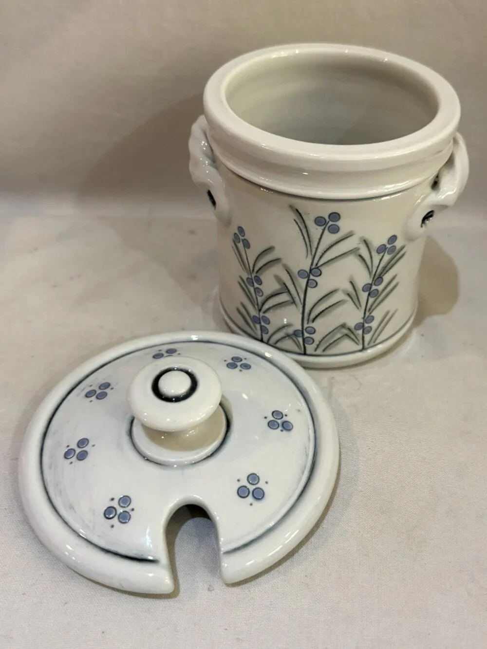 Hand Crafted Pottery Lidded Jam Condiment Jar Hand Painted Blue Berry Stamped